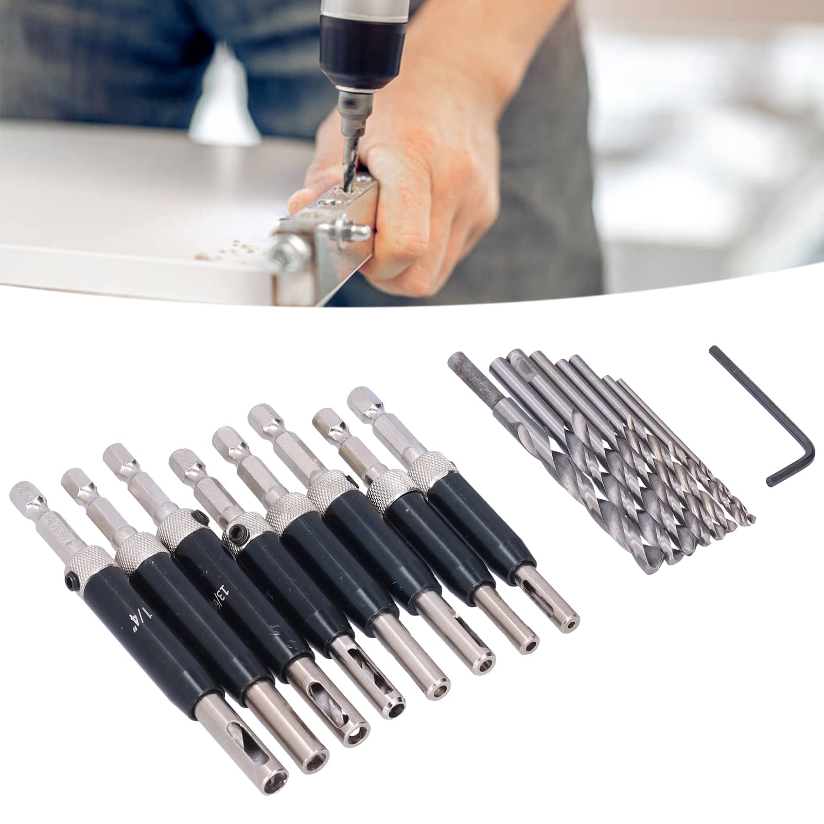 Juego de 17 brocas para bisagras, kit de brocas para puerta autocentrantes con llave hexagonal, abridor de agujeros de acero de alta velocidad para carpintería, ventanas y