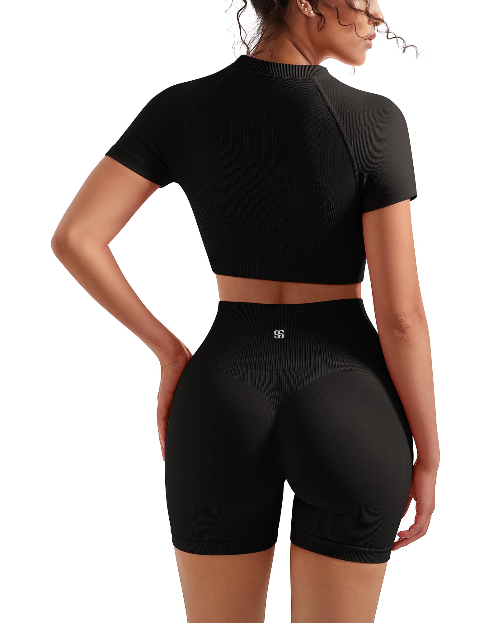 SUUKSESS Women 2 Piece Workout Sets Hidden Scrunch Butt Lifting Biker Shorts Short Sleeve Crop Tops