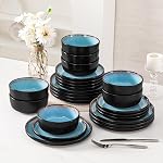 vancasso Plates and Bowls Sets, 24 Pieces Stoneware Dinnerware Sets for 8, Kitchen Dish Set Mircowave and Dishwasher Safe Ceramic Dishware, Blue, Series AMBER