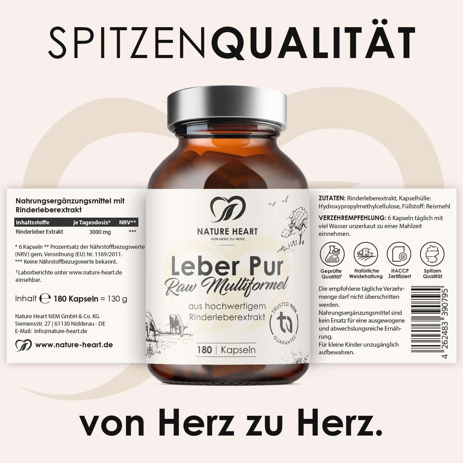Nature Heart Leber Pur Raw Multiformel, 180 Kapseln | Rinderleberextrakt, Mit Vitamin A, B-Vitaminen, Eisen & Zink, Ohne Zusätze, Hochwertige Rohstoffqualität