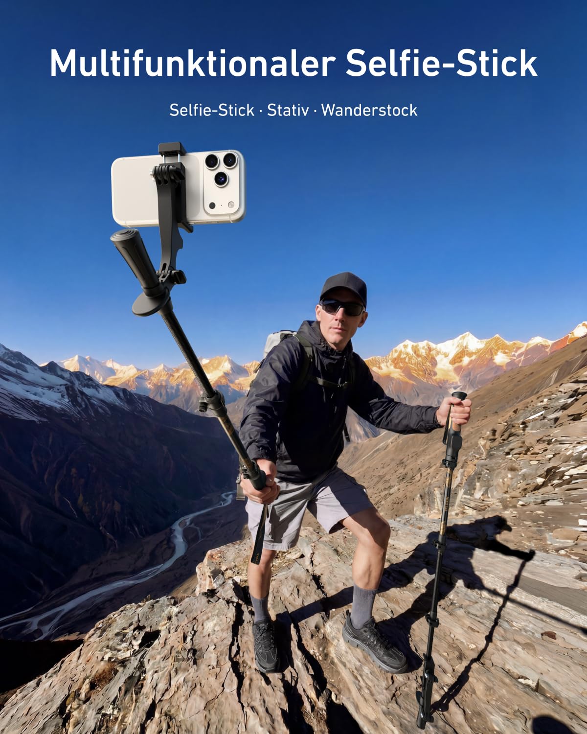TELESIN TrekShot Carbon Selfie Stick Stativ für iPhone/Action-Kameras | 3-in-1 Wanderstöcke-Style Pole, 148cm Ausziehbares Handy Selfie Stick Stativ, Reise Vlog Monopod mit Bluetooth-Fernbedienung