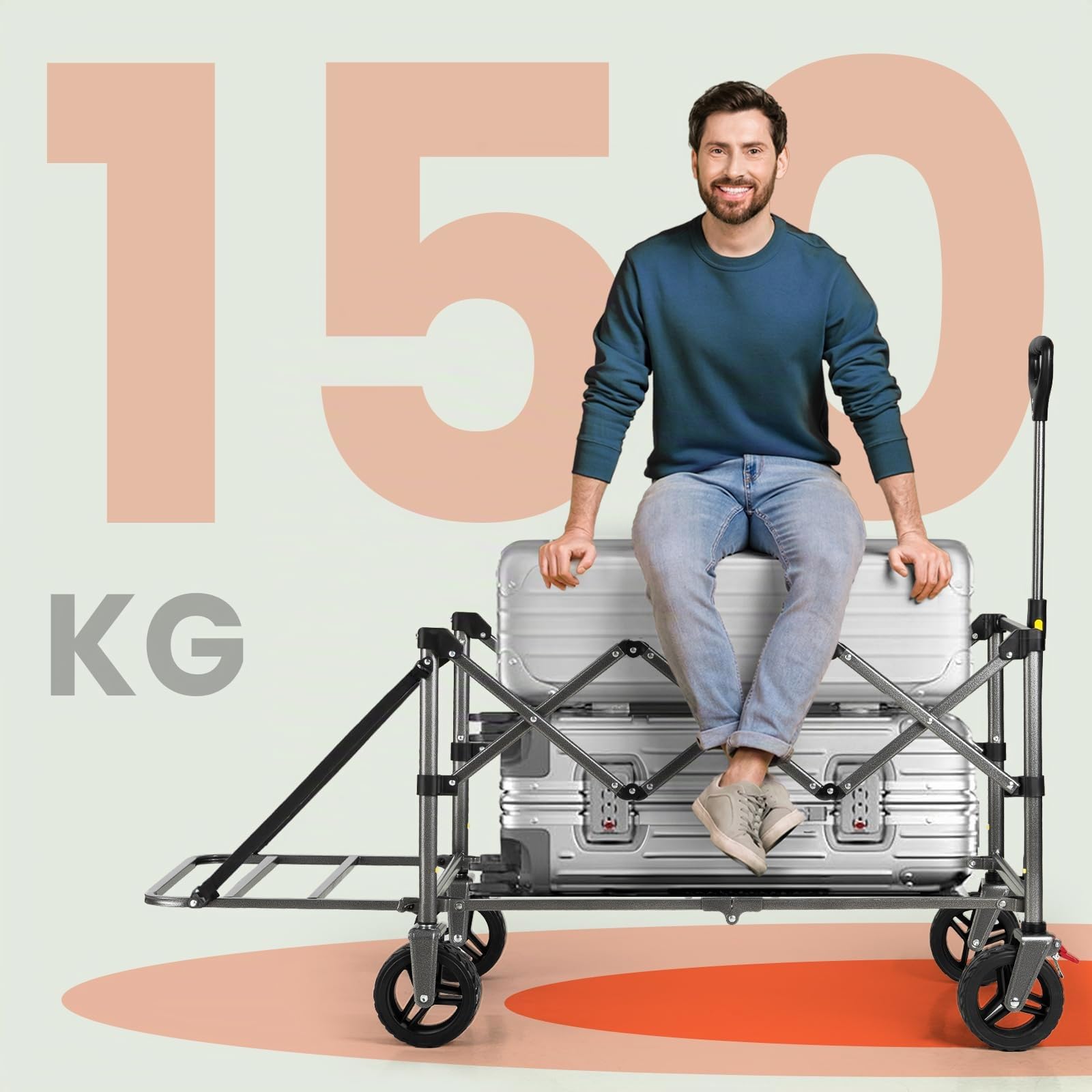 OVERMONT Carrello da Giardino Pieghevole - 200 L/136KG Carrelli da Trasporto Extra Lungo - Carrello da Campeggio Pieghevole con Grandi Ruote per Tutti i Terreni - con Tasca Laterale e 2 Freni