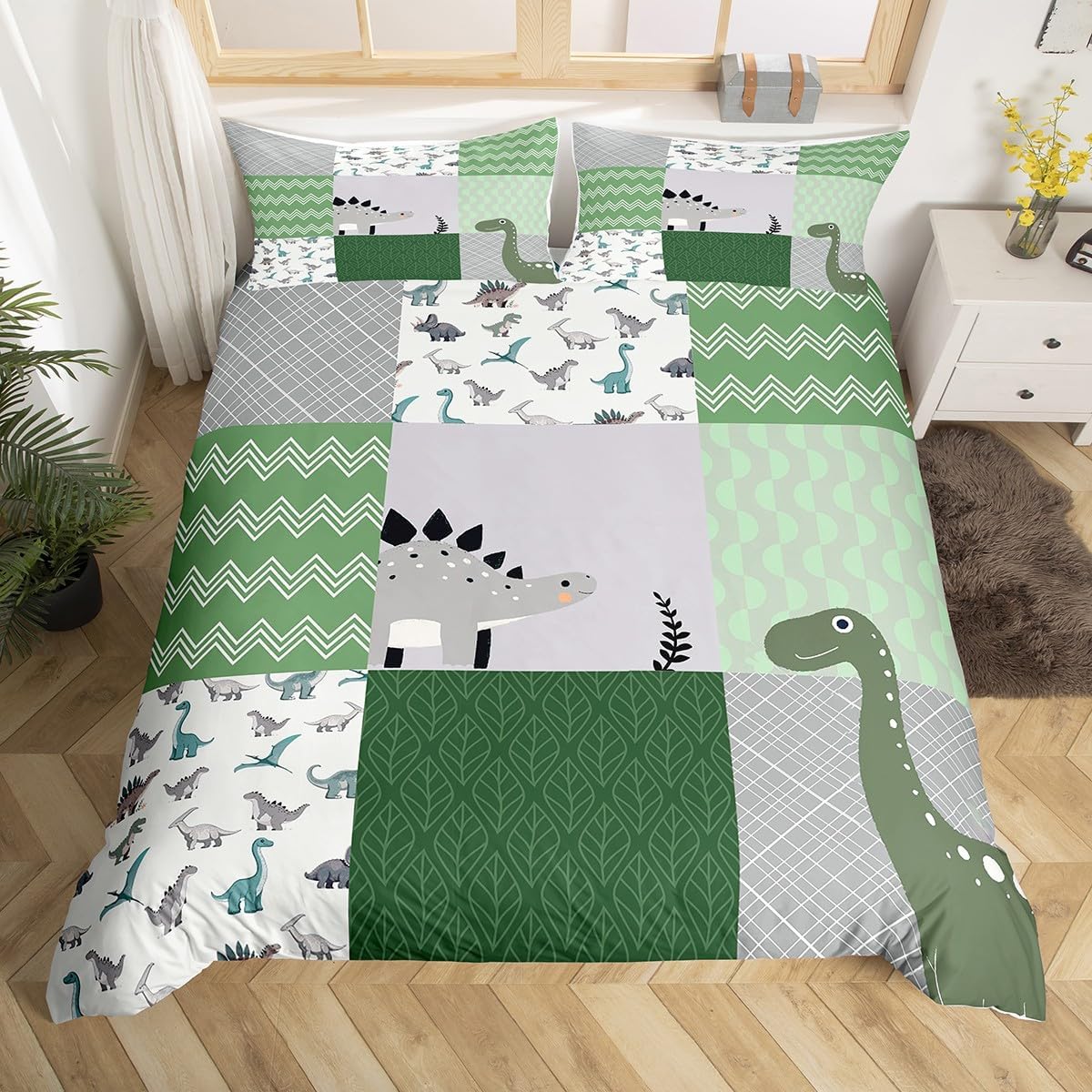 Green Gray Dinosaurs Duvet Cover Queen Size,Stripes Grid Leaf Comforter Cover with 2 Pillowcase for Teens,Lovely Animals Bedding Set,Kawaii Dinosaur Breathable 3 Pcs Decorative Bed Cover(No Comforter)