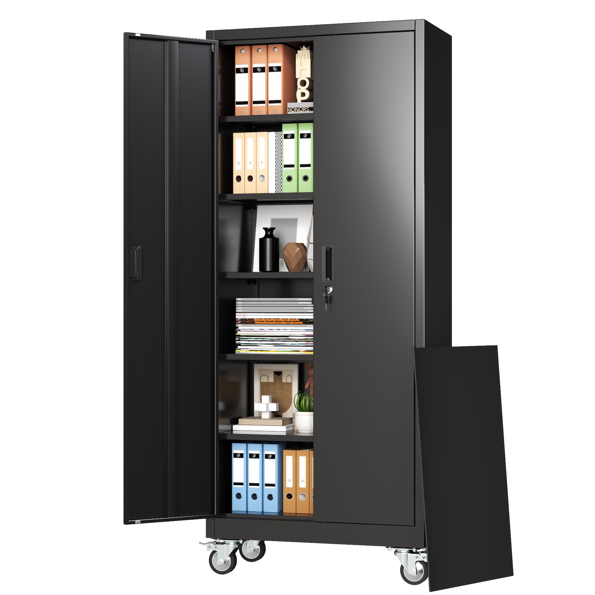 FlairVibe Metal Storage Cupboard with Wheels and 3 Adjustable Shelves,Black