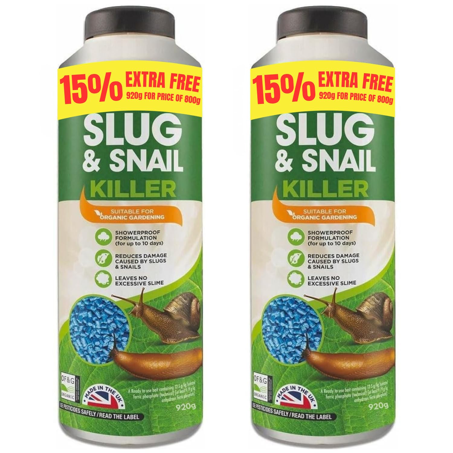 Organic Slug & Snail Killer Pellets 920g x2, Showerproof Formula for Gardens & Greenhouses, 14 Days Protection, Friendly for Crops (2 Pack)