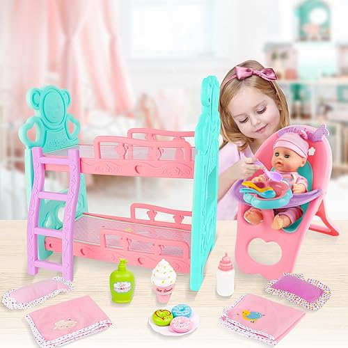 Miniatura 2 de deAO Accesorios para muñecas de bebé, litera, cuna y silla alta, muebles para muñecas, cama de juguete, cuna para muñecas gemelas de 12, 13, 14