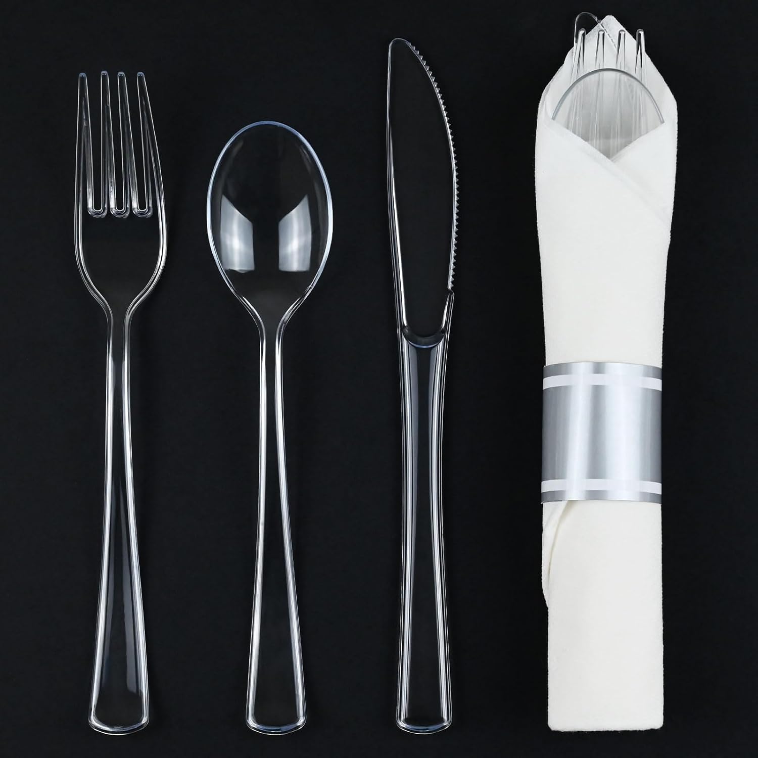 100 Pack Pre-Rolled Clear Cutlery Sets - Heavy Duty Clear Plastic Silverware, Wrapped Disposable Silverware & Napkins for Weddings, Parties, Events