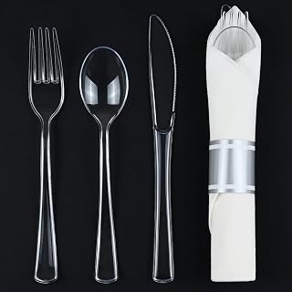 100 Pack Pre-Rolled Clear Cutlery Sets - Heavy Duty Clear Plastic Silverware, Wrapped Disposable Silverware & Napkins for Weddings, Parties, Events