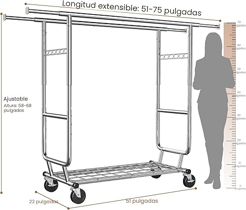 Vista 7 de Raybee Perchero con carga de 630 libras, perchero de ropa resistente, estantes de ropa rodantes para colgar ropa con ruedas, perchero ajustable