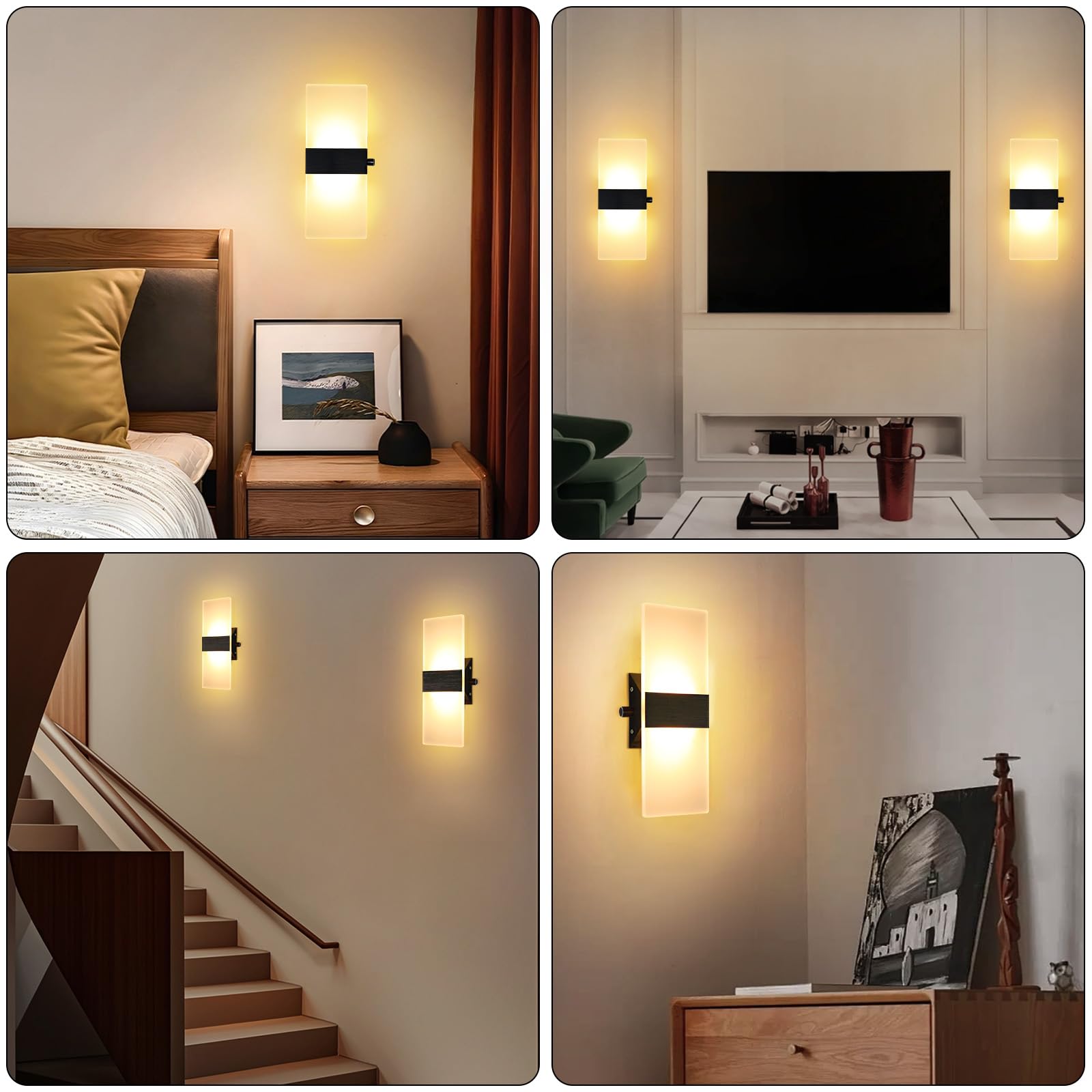 2 Stück Wandlampe mit Schalter Dimmbar Wandleuchte Innen Acryl | 12W 3000K LED Wandleuchte Für Treppenhaus Flurlampe Wand Wandlampe Schlafzimmer, 29CM, Warmweiß, Schwarz
