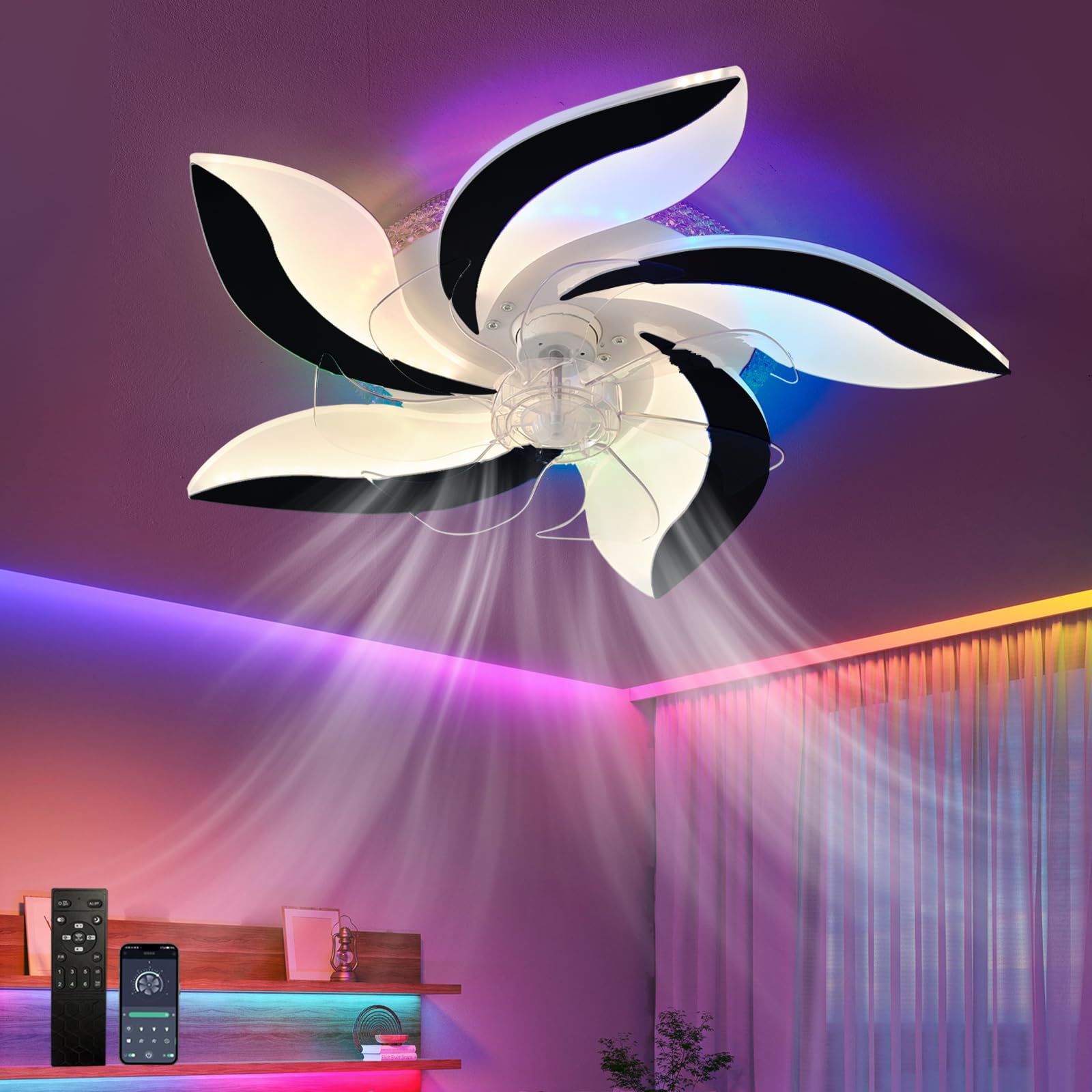 SXDMOUBK Modern Ceiling Fan with Light 70W,Quiet,RGB Light Fan Black,APP & Remote Control,6 Speed Reversible Motor,Dimmable with Memory Function,LED Fan Ceiling Light for Kids Bedroom Living Room