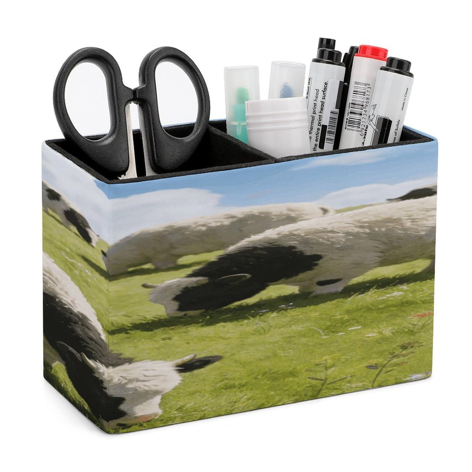 LZQPOEAS Cute Cows Watercolor Pen Holder Double Compartments Pen Cup Makeup Brush Holders Leather Pencil Holder Locker Organizer for Work Locker Accessories Modern Pencil Cup for Desk