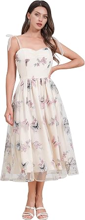 ODIZLI Butterfly Sleeve Dress for Women 1950s Retro Vintage Dress Sleeveless Tie Strap Embroidered Dress