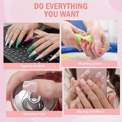 Miniatura 8 de Uñas postizas cortas a presión de San Valentín, con diseños de remolinos rosados y blancos, uñas postizas acrílicas reutilizables con pegamento,