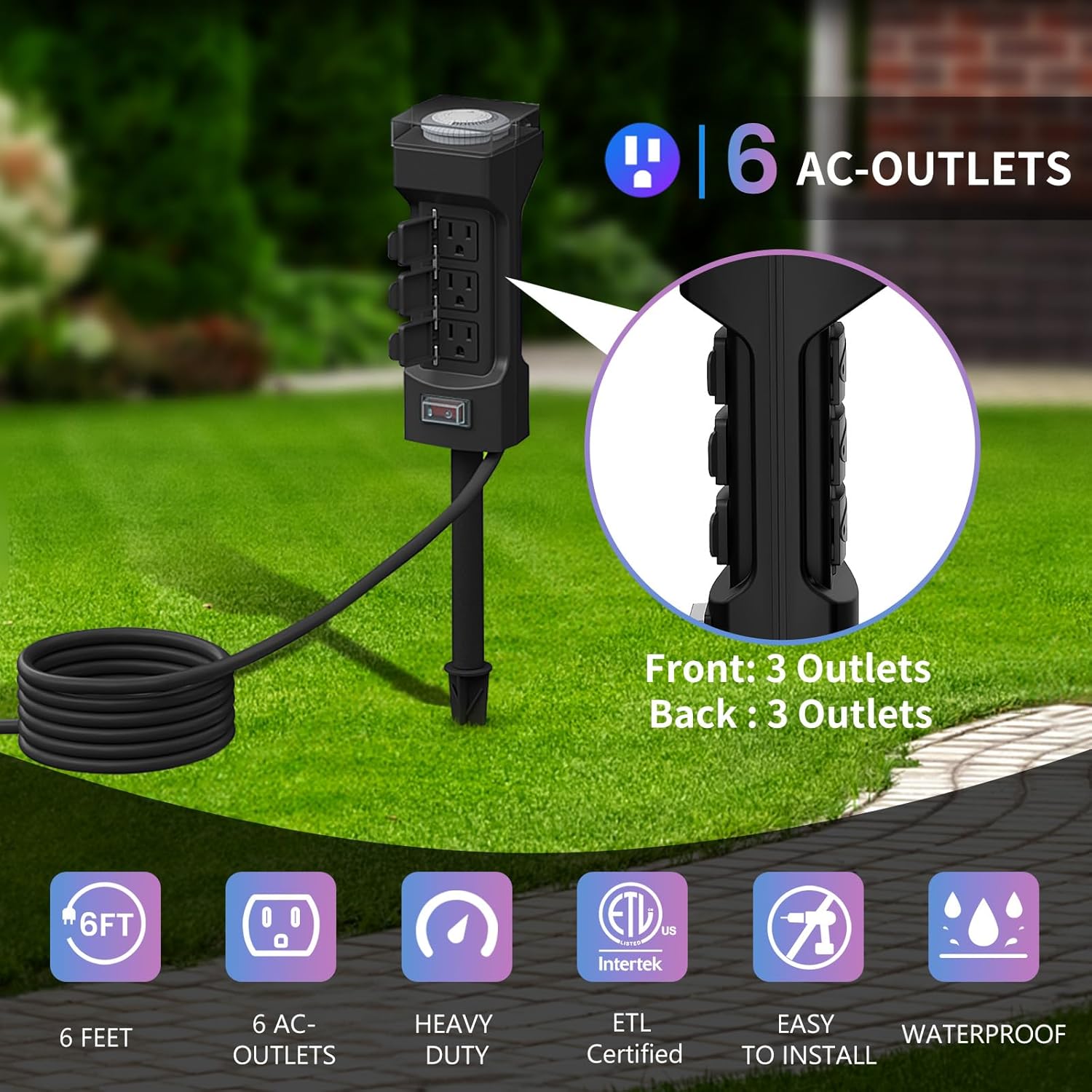 K KASONIC - 24 Hour Outdoor Stake Timer, 6 Outlets 6 ft Extension Cord Mechanical Power Timer for Outdoor Lights, Christmas Decorations, ETL Certified, Weatherproof Safety Cover (Black)