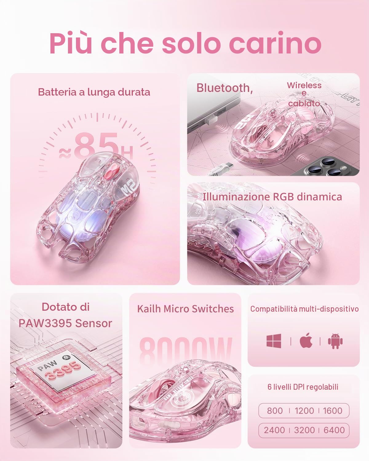 GravaStar Mercury M2 Mouse Gaming Wireless, 78 g, Crystal Rose | Mouse da Gioco Senza Fili Bluetooth Sensore PAW3395 da 26.000 DPI, Design Traforato, 5 Pulsanti Programmabili e LightSync RGB