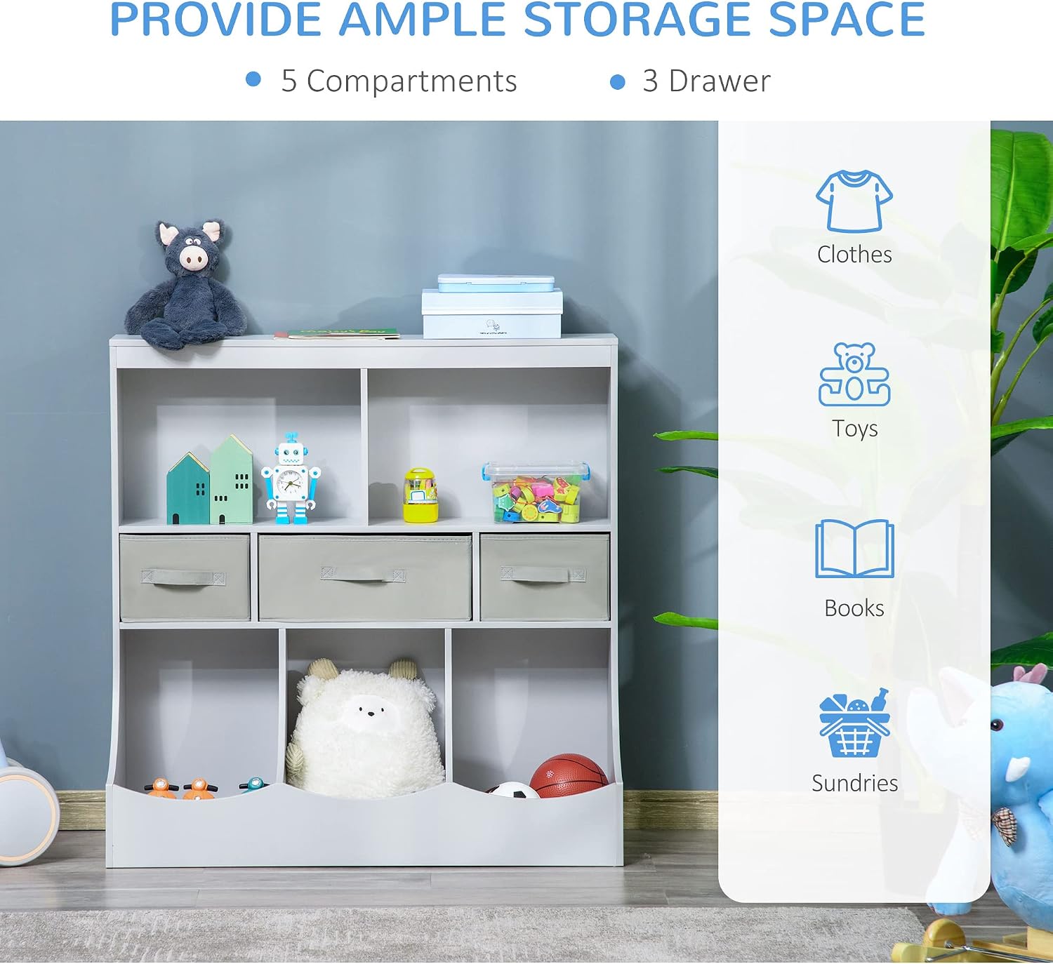 Bookcase, Toy Storage Organizer Cabinet, Children Display Bookshelf with Drawers for Toys, Clothes, Books, Grey