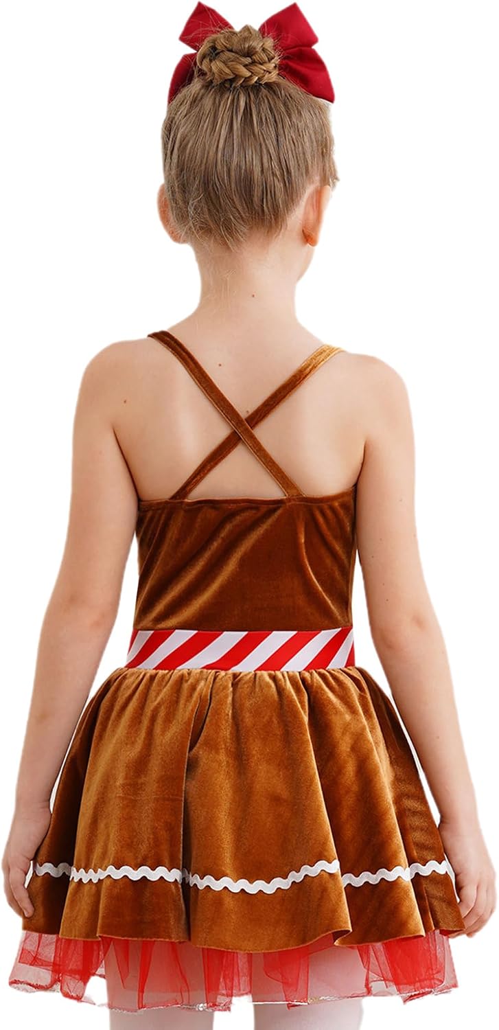 Hansber Kids Girls Gingerbread Man Costume Candy Cane Striped Christmas Dance Dress Xmas Party Dress Ups
