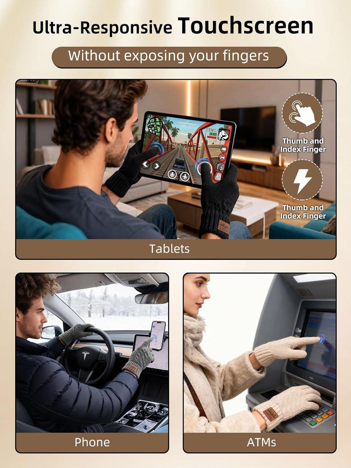 Winter Gloves for Men Women, Warm Fleece Lined with Touch Screen, Thermal Knit with Anti-Slip for Running Driving - Image 3