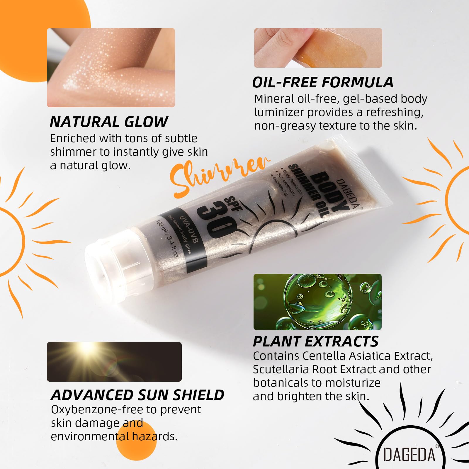 Prreal Shimmer Body Oil, SPF 30 100ml Broad Spectrum Glitter Sunscreen with Centella Asiatica Extract - Image 3