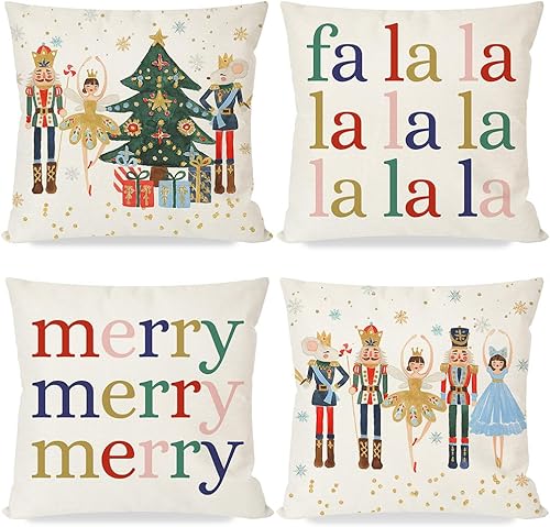Juego de 4 fundas de almohada de Navidad de 18 x 18 pulgadas, diseño de ballet, árbol de Navidad, decoración de Navidad, fundas de almohadas