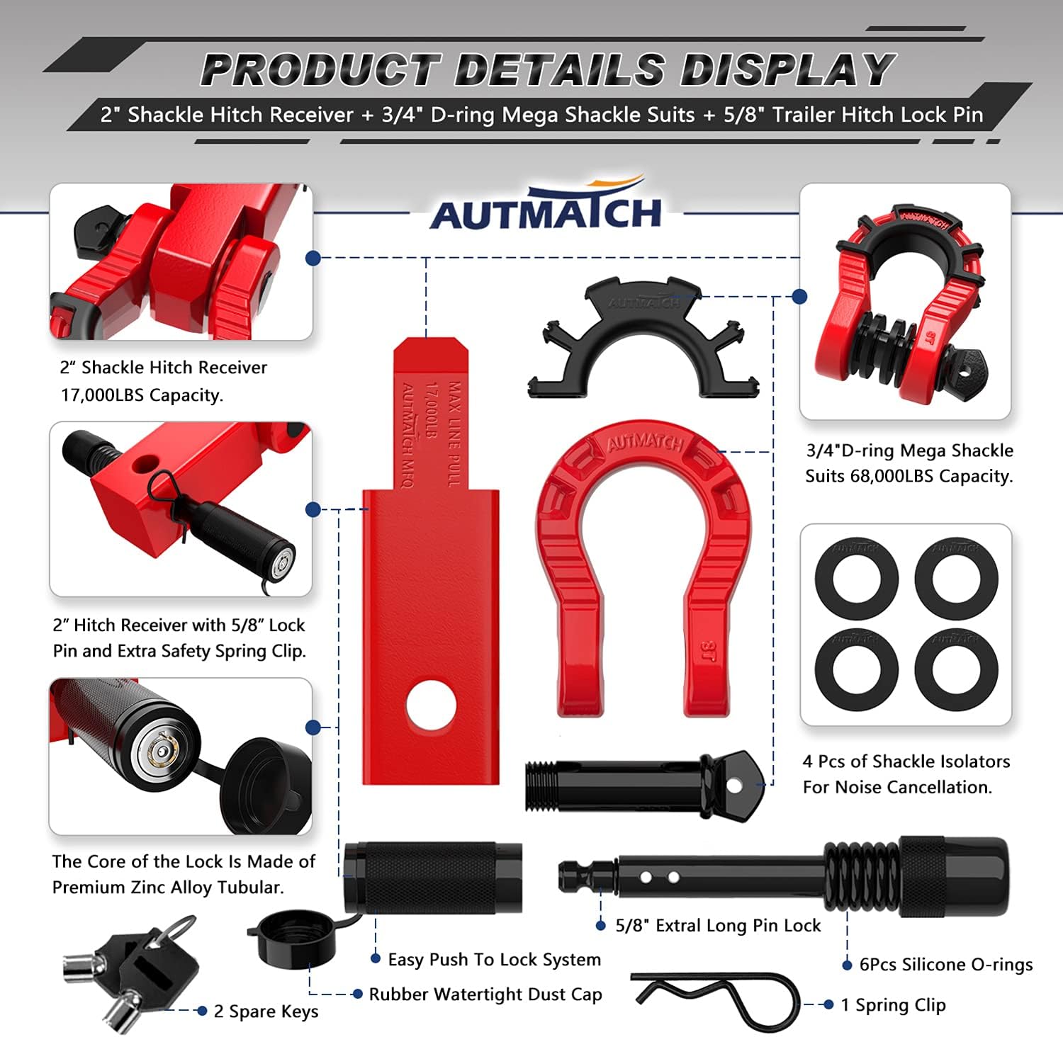AUTMATCH Shackle Hitch Receiver 2" with 3/4" Mega D Ring Shackle and 5/8" Trailer Hitch Lock Pin, 68,000 Lbs Break Strength Heavy Duty Receiver Towing Kit for Off-Road Vehicle Recovery, Red - Image 2