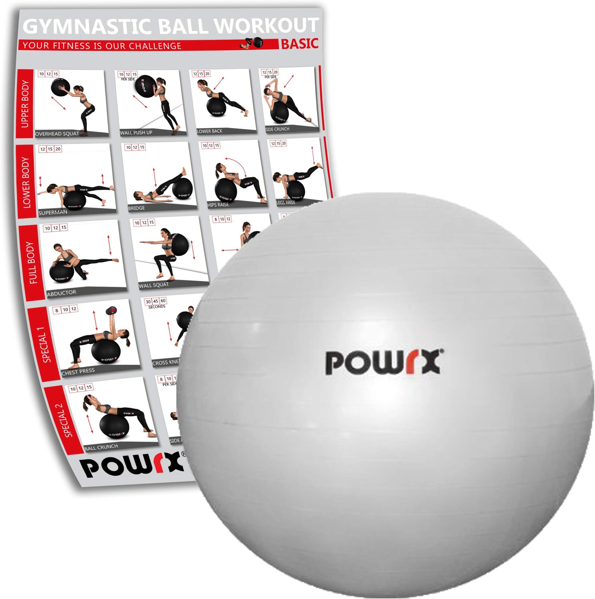 POWRX Gymnastikball Silber, versch. Gr.