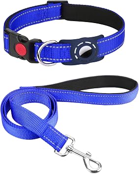 11-15 inches Airtag Dog Collar and 6FT Leash, Reflective Soft Padded Pet Collars and Leashes for Small Dogs
