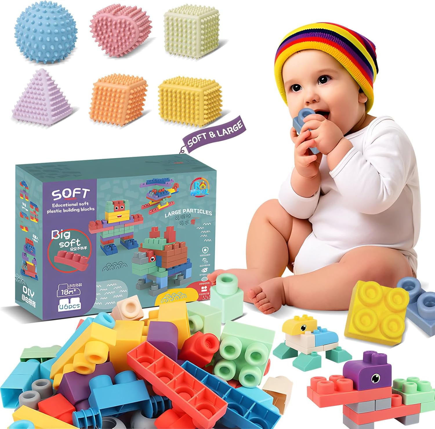 Baby Soft Blocks Building Block Toys 46Pcs,STEM Educational Toddler Gifts,Soft Spiky Sensory Balls - No Hole Wheat Straw Soft Toys for Toddlers
