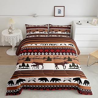 Western Bedding Set Queen,Tribal Rustic Cabin Comforter Set for Boys Teens,Abstract Bear Elk Deer Duvet Insert Exotic Aztec Geometry Floral Bed Quilt Woodland Wild Animal Room Decor,Brown