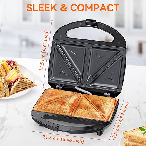 Miniatura 6 de Snailar ABS07 Sandwichera con platos triangulares, 2 rebanadas antiadherentes para quesos a la parrilla, luces indicadoras, mango de tacto frío,