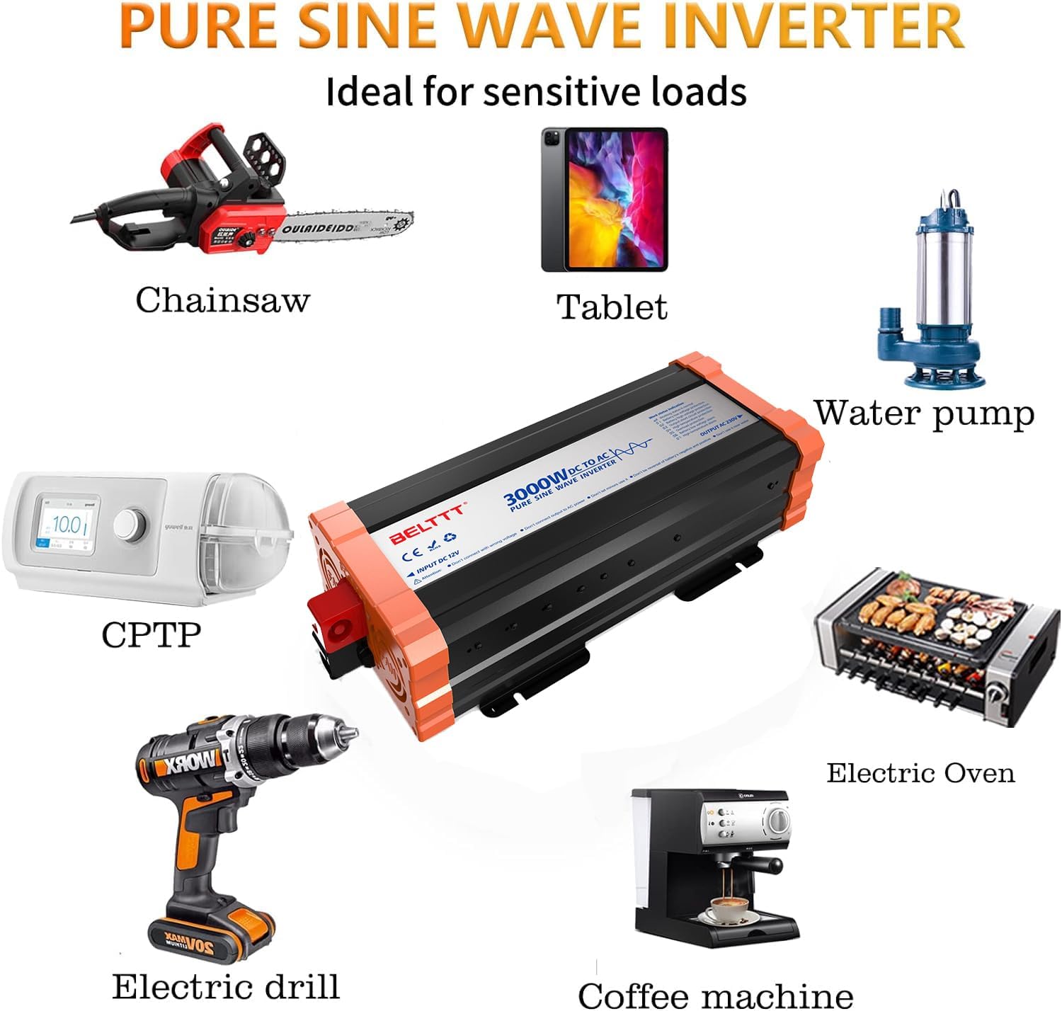 Rewing 3000W Power Inverter 12V to 240V (220V-250V) AC Pure Sine Wave Inverter,Car Inverter DC 12v to AC 230V UK with AC Sockets Dual Car Adapter With LED Display Suitable for Travel, RV, Camping — view 9