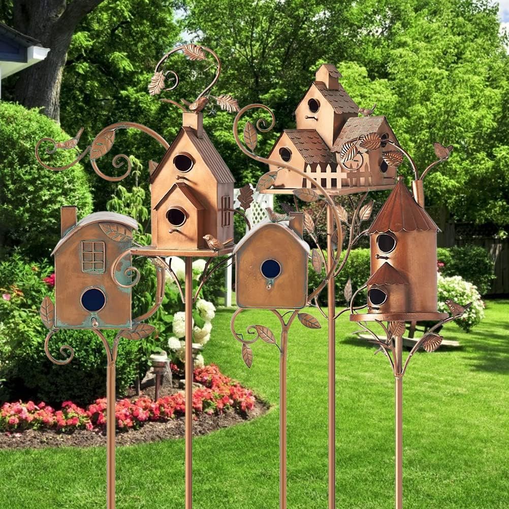 Metal Bird House with Pole Stakes, Distressed Metal Birdhouse Garden Decor, and Proof, Wide, Gift Choice (2)