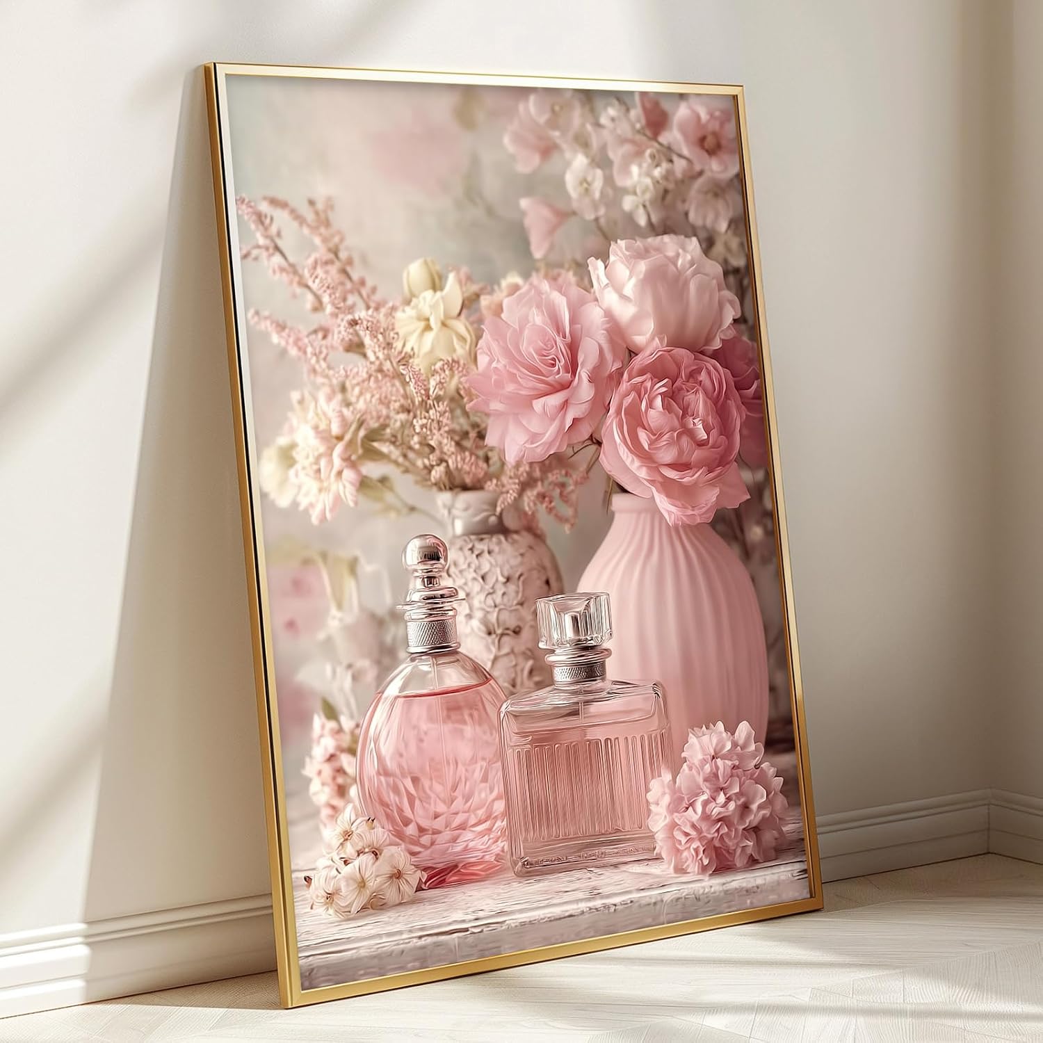 Pink Flower Pictures Perfume Bottle Canvas Wall Art Fashion Artwork Floral Rose Painting Pink Botanical Prints Vintage Perfume Picture Aesthetic Girly Wall Art Pastel Floral Posters 16x24in No Frame