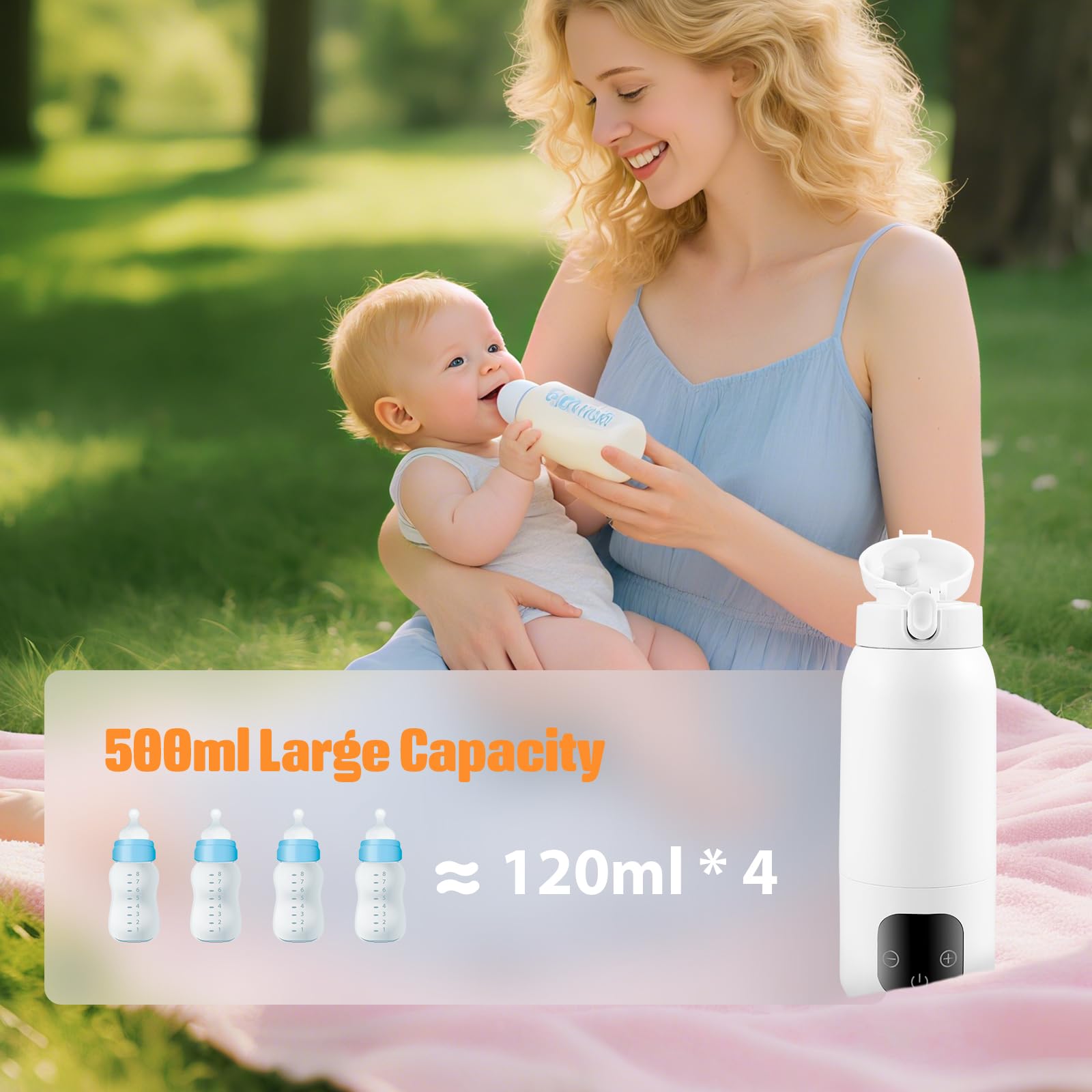 Flaschenwärmer Tragbarer 500ML Wireless, Autoflaschenwärmer mit Einstellbarer Temperatur von 37°C bis 70°C, Schnelles Aufwärmen und präzise Temperaturkontrolle, Wiederaufladbarer Babywasserwärmer