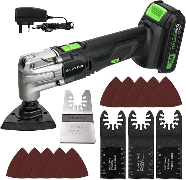 GALAX PRO Oscillating Tools, 6 Variable Speed Oscillating Multifunction Tool, 5000-18000 OPM with 1.3Ah Li-ion Battery and Charger, 14 Accessories for Removal, Scraping, Cutting and Polishing