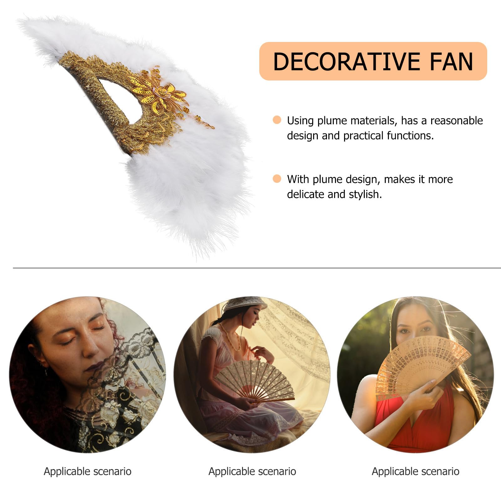Ciieeo Abanico de Mano de Plumas Borde Dorado, Accesorio Decorativo para Bodas y Novias, Ventilador Delicado para Dama de Honor y Eventos Obsequios