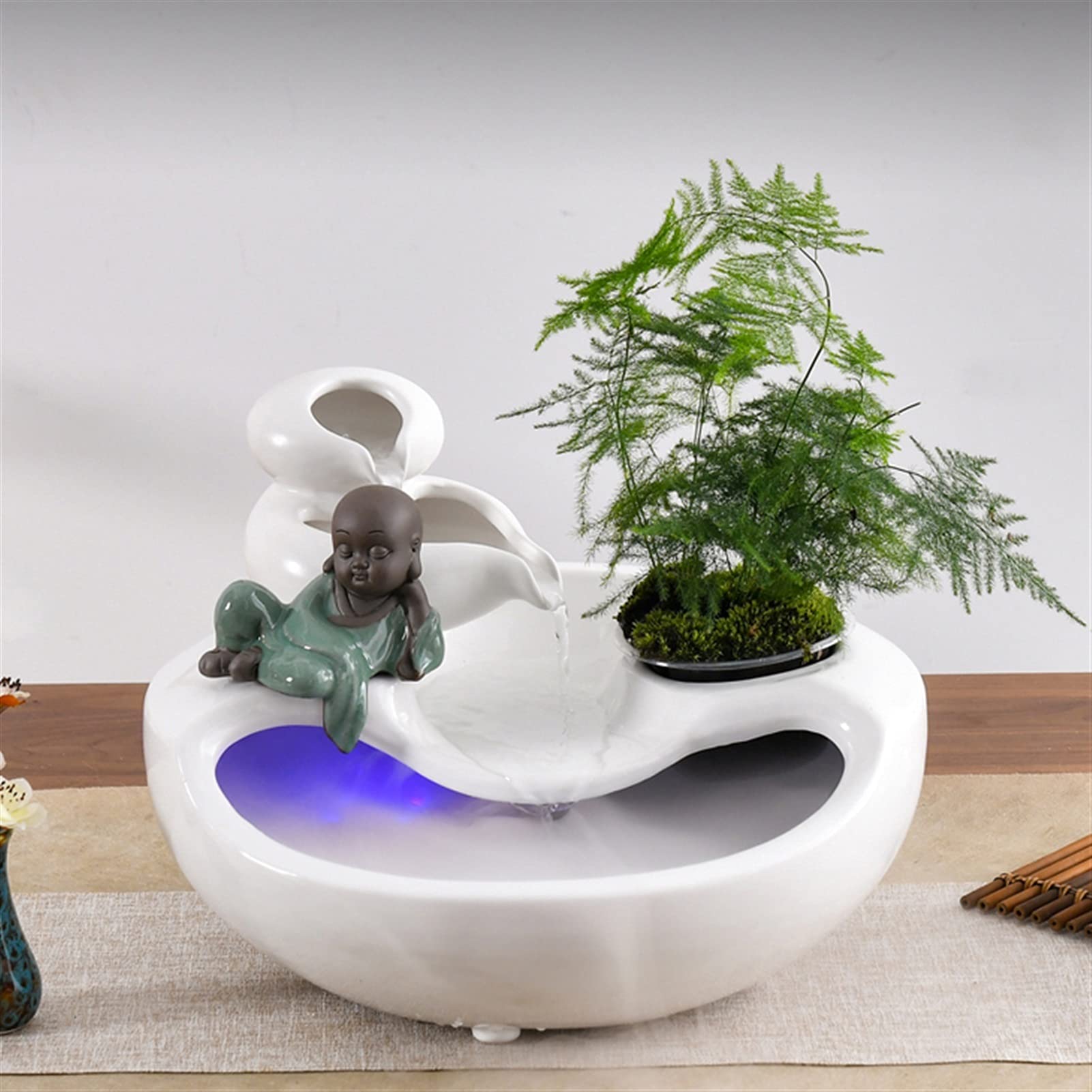 Fuente de Mesa Decorativa para Interior, Fuente de Agua con Cascada, de cerámica, con Bomba de Agua, Zen Estilo Oriental, decoración para salón, Dormitorio, Oficina, 31 x 31 x 23 cm