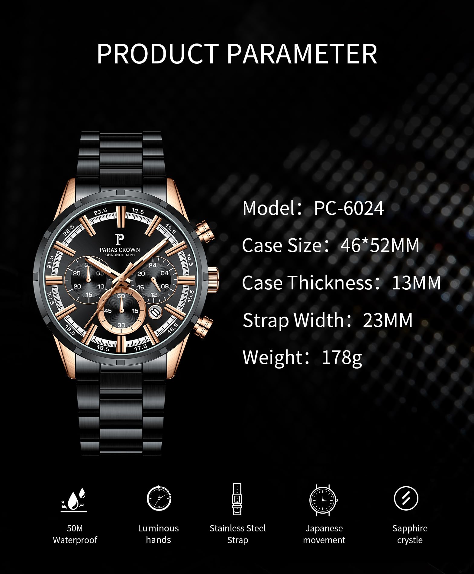 PC PARAS CROWN Orologio Uomo con Movimento al Quarzo Giapponese Cronografo Resistente all'Acqua 5 ATM Cassa in Acciaio Classico Elegante Orologio Cinturino in Silicone