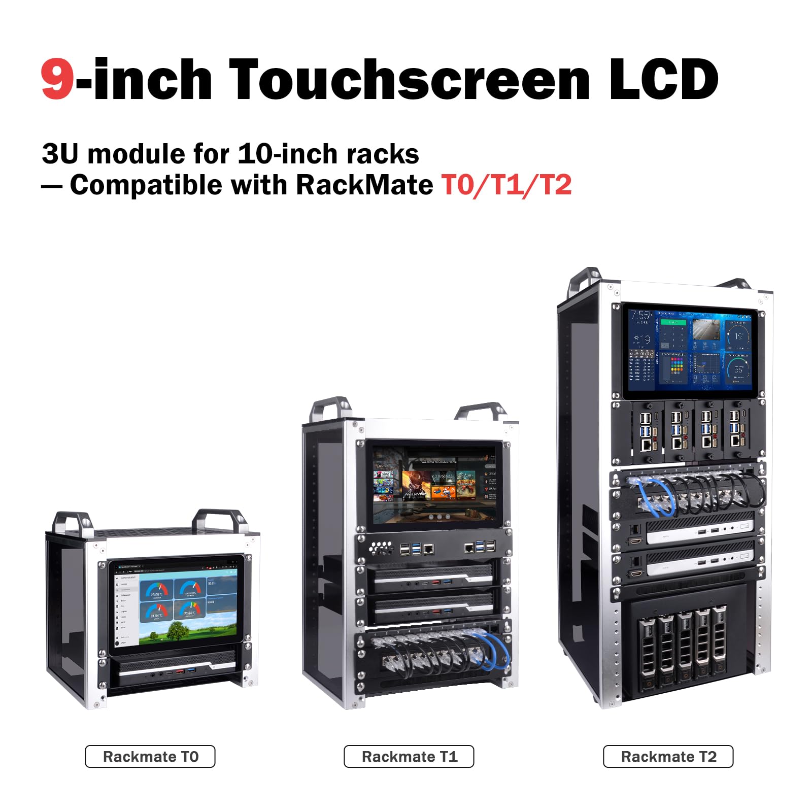 GeeekPi 9-calowy ekran dotykowy LCD 1280x720 monitor 3U do montażu w szafie rack do szafy serwerowej DeskPi RackMate T0/T1/T2/T0 Plus/T1 Plus/TL1 i 10-calowego mini stojaka serwerowego