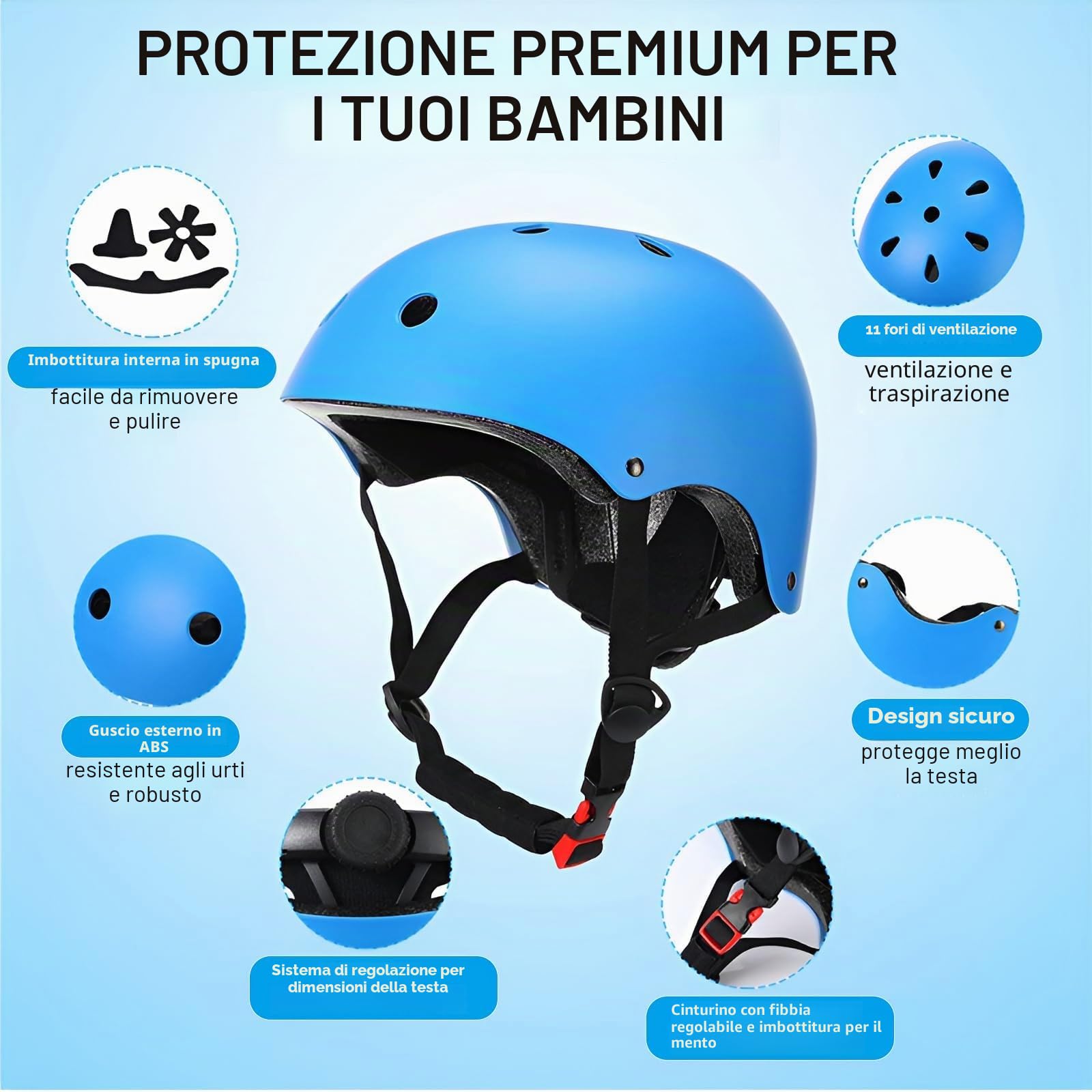 Set di casco protettivo per bambini con casco regolabile, ginocchiere, gomitiere e poggiapolsi per pattinaggio, bicicletta, pattinaggio, scooter e altri sport all'aria aperta