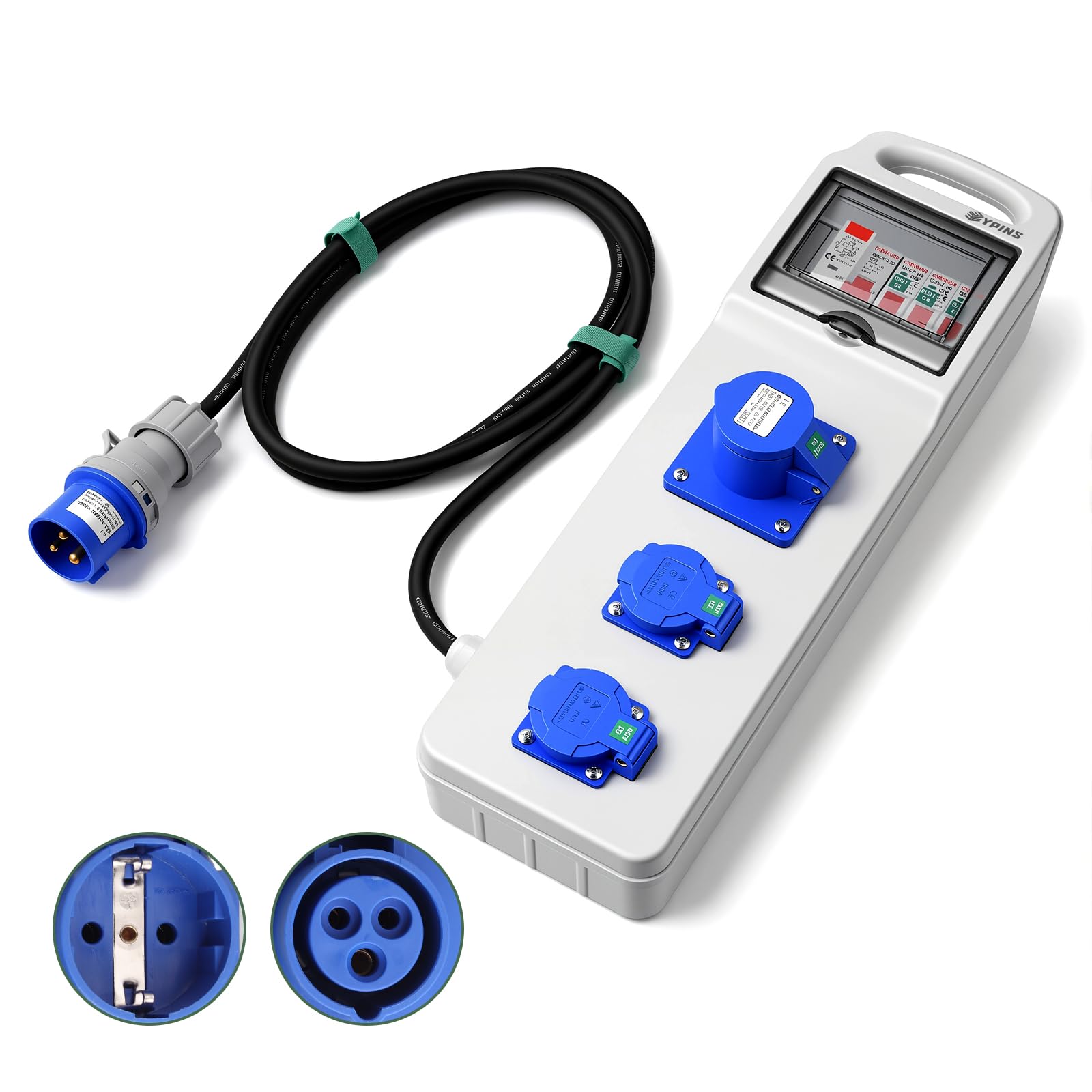 EYPINS Stromverteiler 16A mit LS+FI, Tragegriff-Steckdosenleiste 2x 230V Schuko-, 3P CEE-Steckdose, 16A 3P CEE-Stecker 1,85m Kabel, Kleinstromverteiler IP66/IP54 für Camping Wohnmobile Boote Outdoor