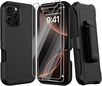 for iPhone 16 Pro Case, Military Grade Shockproof Phone Case with Kickstand & Belt Clip Holster | Screen Protector,360 Full Body Tough Bumper Heavy Duty Protective Cover 6.3 Black