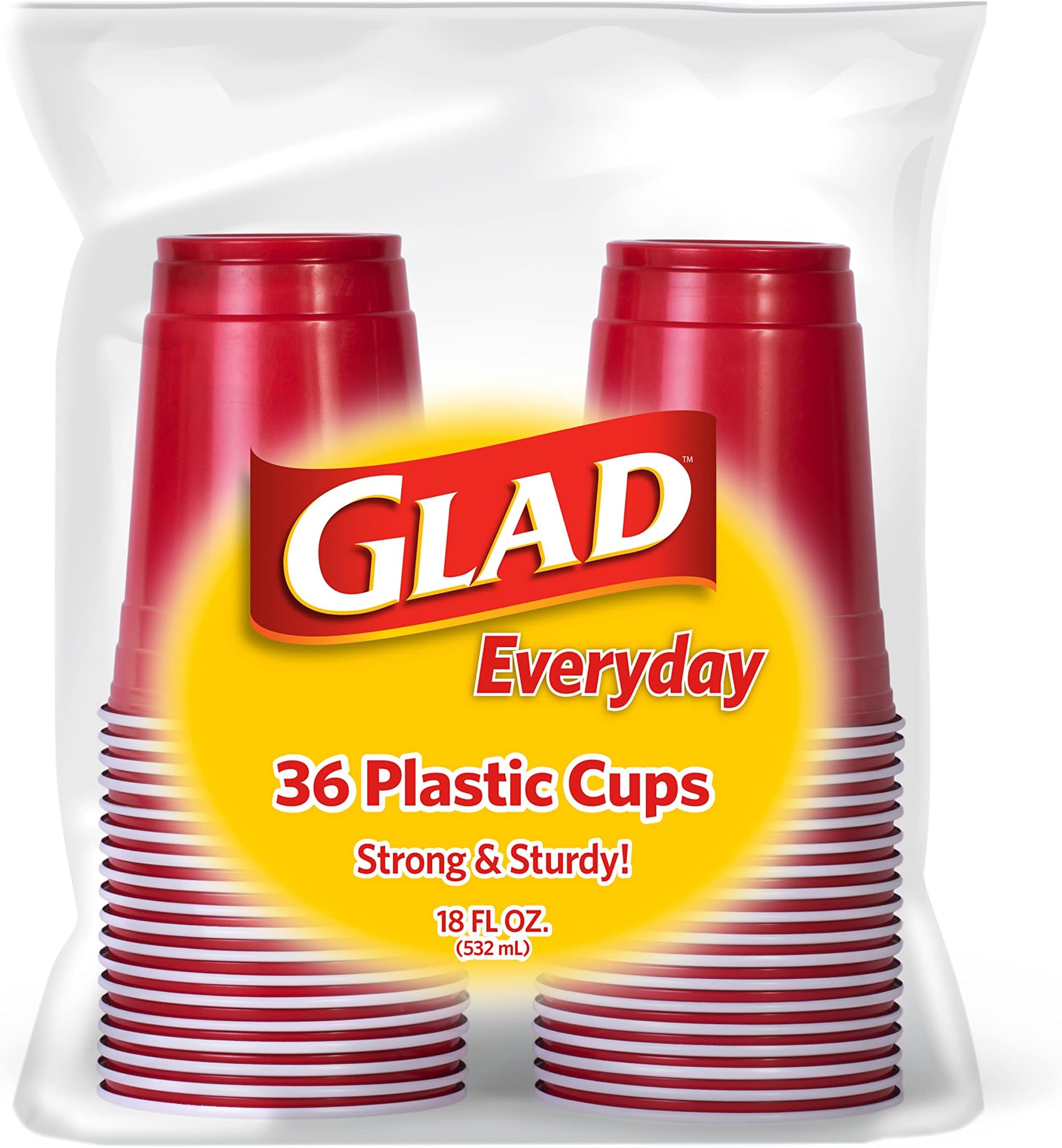 Glad Everyday Plastic Cups 18oz 36ct Red | Red Plastic Cups, 36 Count | Strong and Sturdy Red Plastic Cups for All Occasions, Hold 18 Ounces | Bulk Drinking Cups