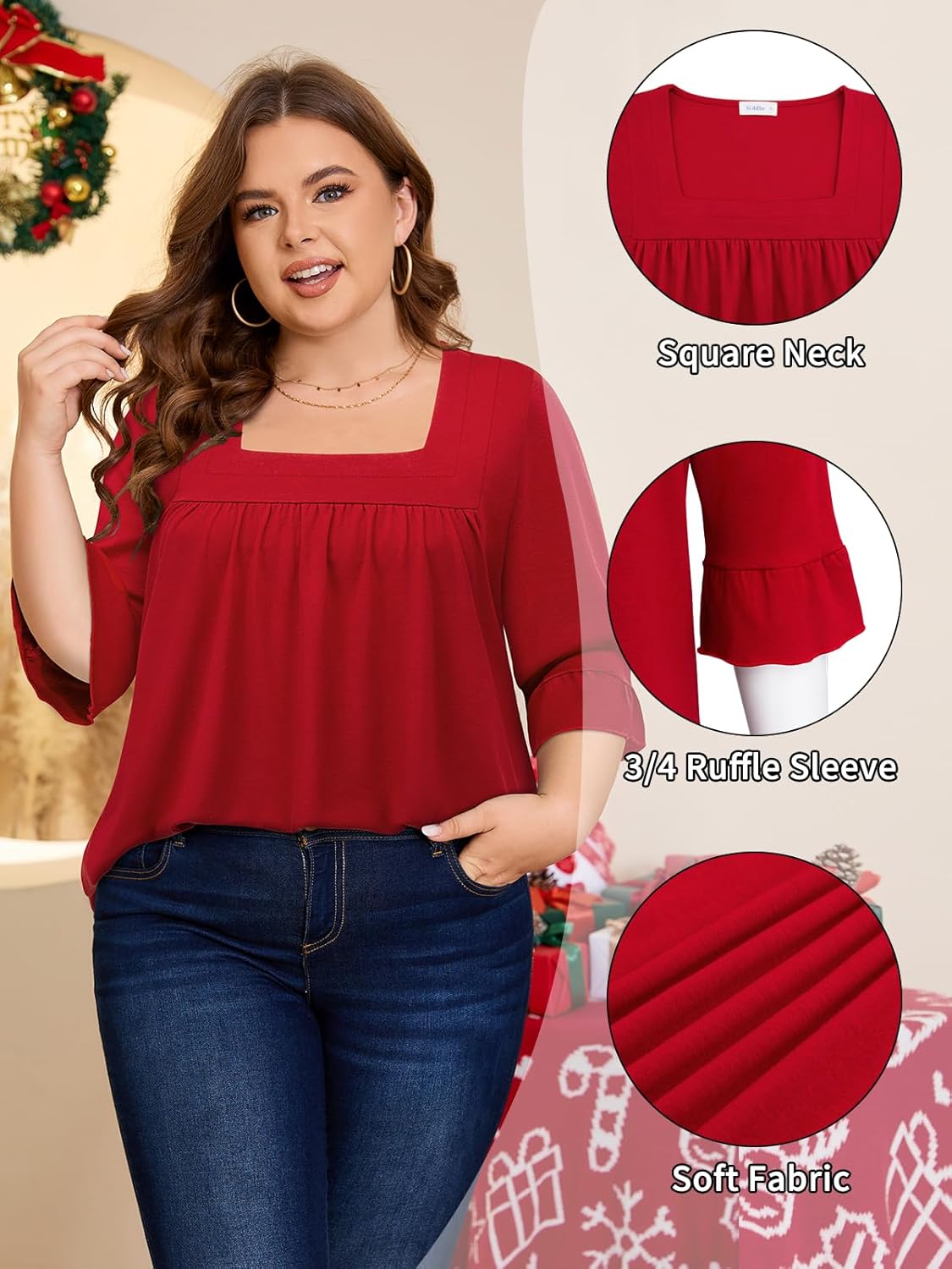 Siddhe Womens Plus Size Tops Loose Fit 3/4 Ruffle Sleeve Blouses Square Neck T Shirt Casual Tunic Tops(1X-5X) - Image 5