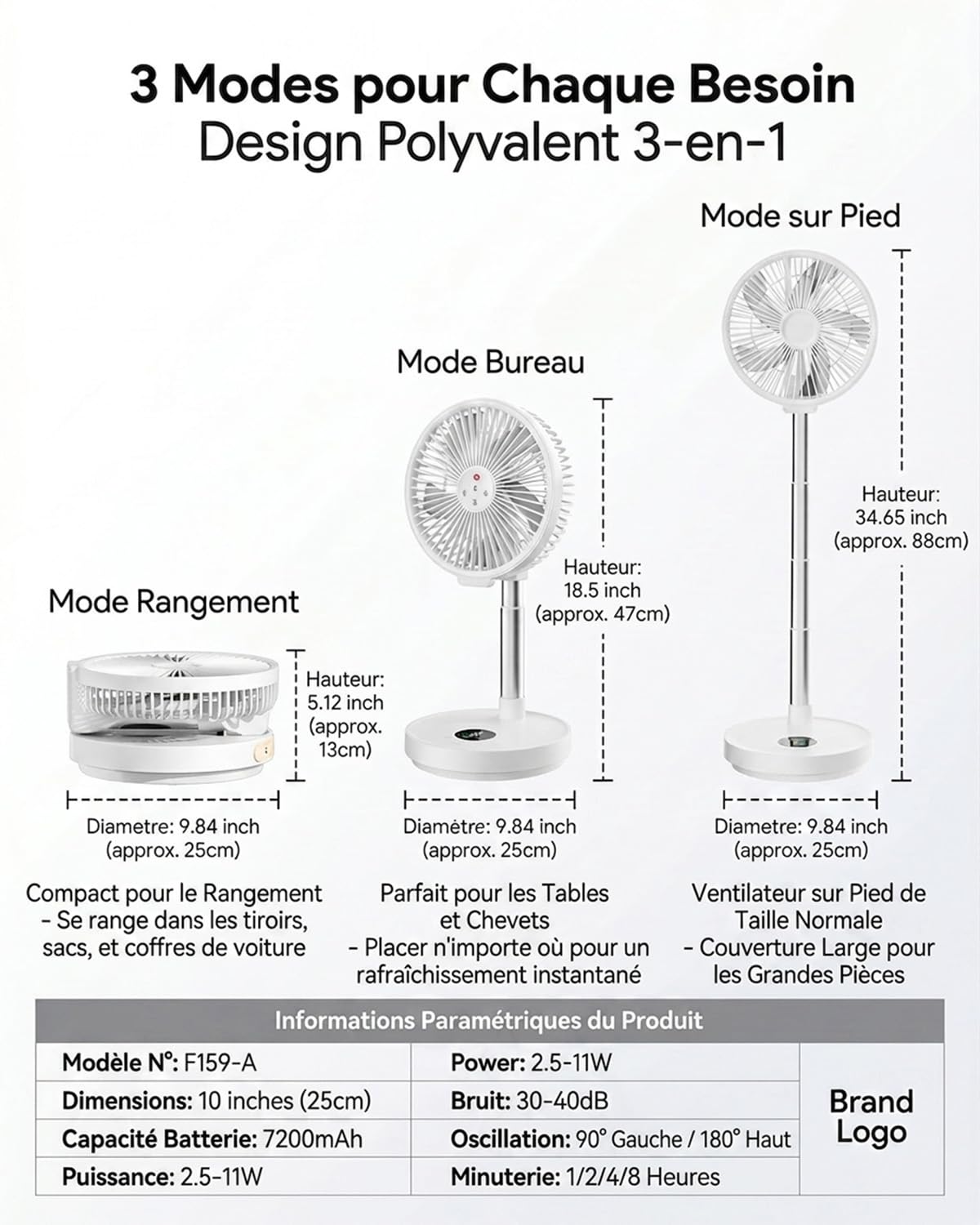 Ventilateur sur Pied Portable 10 Pouces Rechargeable, Moteur Sans Balais, 6 Vitesses, Oscillation 90°/180°, Hauteur Réglable, Minuterie 4 Modes, Télécommande Magnétique, Lumière d’Ambiance