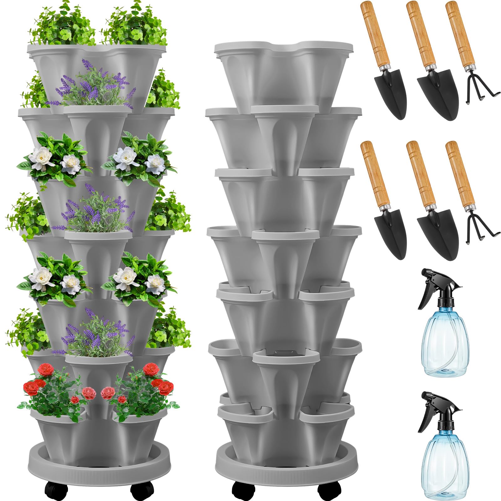 (only 1 set)2 Set of 7 Tier Vertical Planter Stackable Planters Tower Planters Strawberry Herb Flower and Vegetable Planter Indoor Outdoor Gardening Pots with Removable Wheels and Tools (Light Gray,Classic)