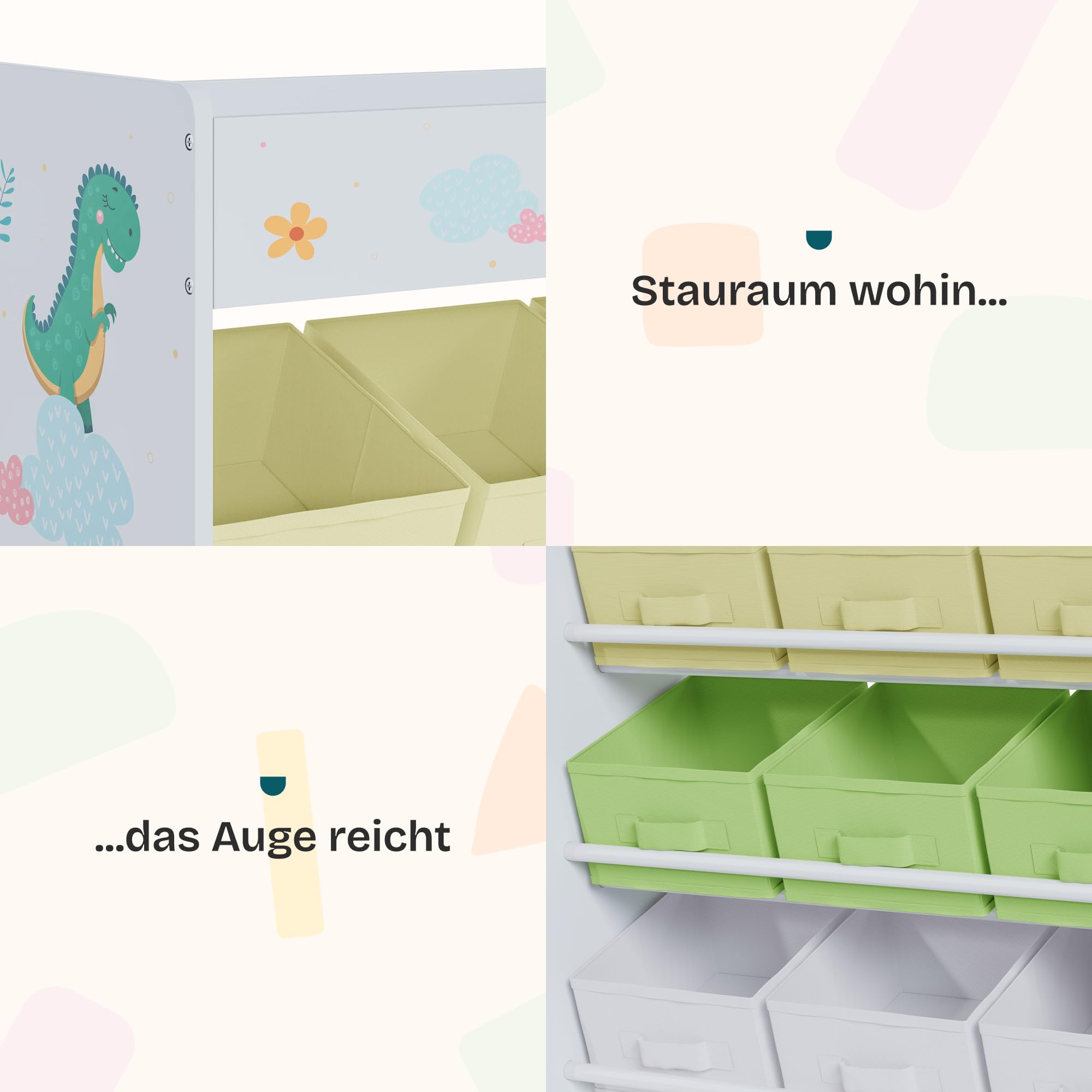[en.casa] Kinderregal Søndreland Bücherregal für Kinder mit 9 Aufbewahrungsboxen Spielzeugregal mit Schrank 80 x 90 x 30 cm Spielzeug Aufbewahrung Dinosaurier Motiv