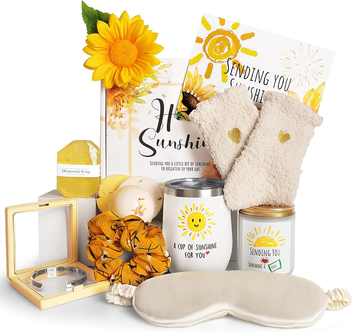 Birthday Gifts for Women, Sending Sunshine Christmas Gifts, Get Well Soon Gifts Basket Care Package Unique Spa Gifts Box with Coffee Mugs for Thinking of You Her Sister Best Friend (Bright Yellow)