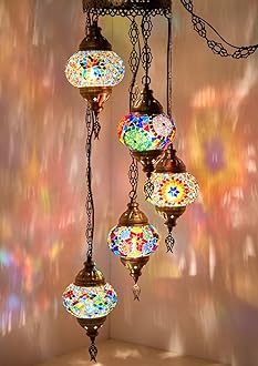 DEMMEX PLUGIN 5 Globes Chandelier Light Turkish Moroccan Mosaic Ceiling Hanging Pendant Light Fixture Chandelier Lighting (PlugIn with 15feet Cord,Chain&Plug)